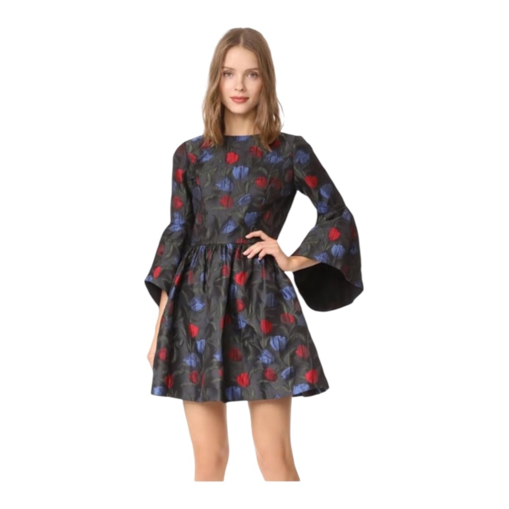 Alice + Olivia Black Floral Jacquard Babydoll Dress with Red & Blue Tulips